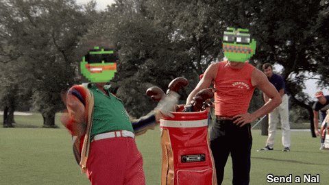 two men standing next to a red golf bag with the words send a nal at the bottom