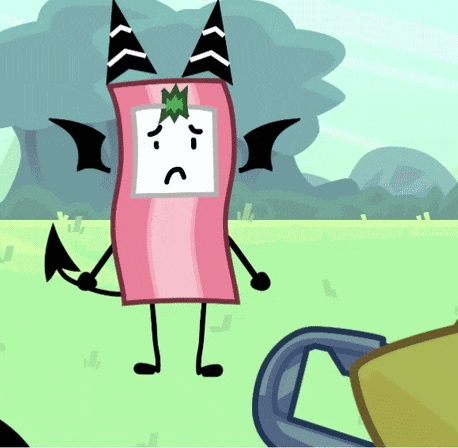 a cartoon drawing of a pink item with horns and wings