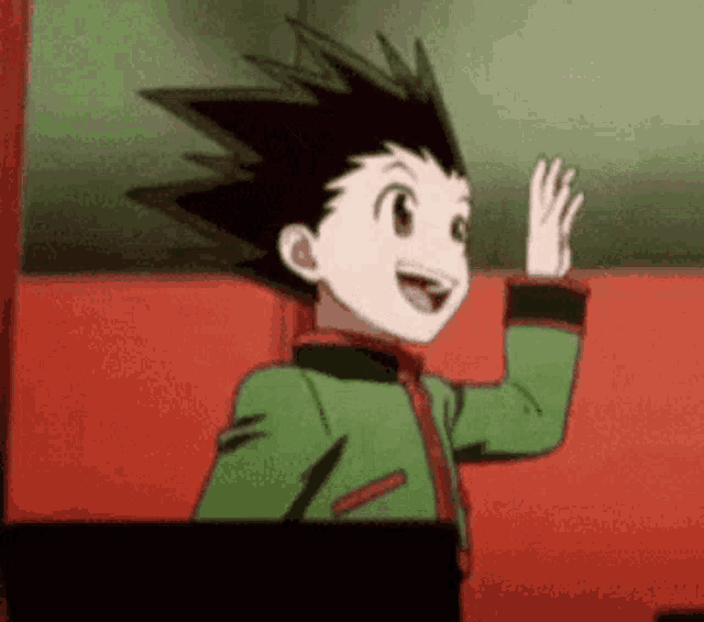 gon from hunter x hunter is waving his hand in the air while sitting in a chair .