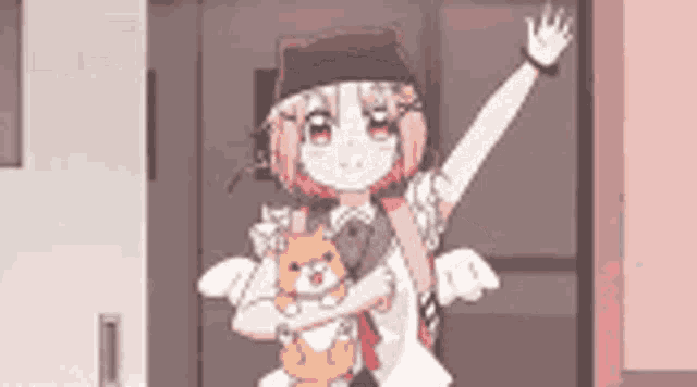 a girl is holding a stuffed animal and waving at someone .
