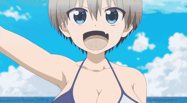 a girl in a bikini is standing in front of a blue sky
