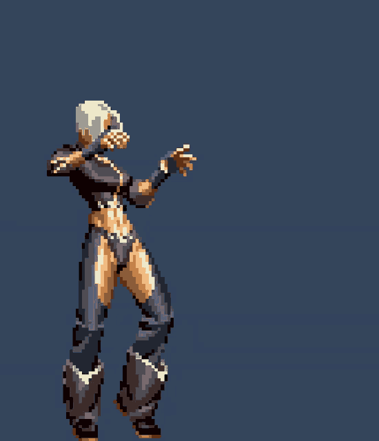 a pixel art of a woman in a black top and jeans