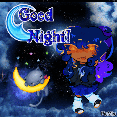 a picture of a girl and a cat with the words good night written on it