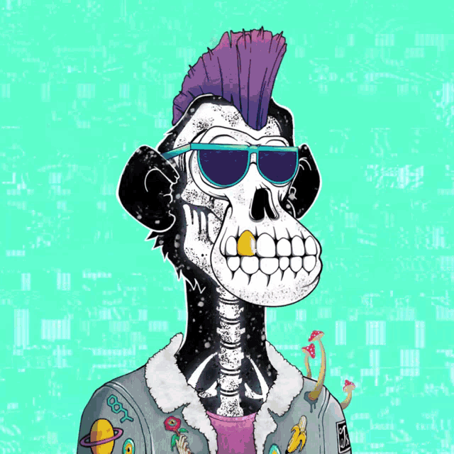 a cartoon of a monkey with a mohawk and sunglasses with the word cool on his jacket