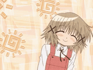 a cartoon girl with short hair is smiling and wearing a red apron and a white shirt .