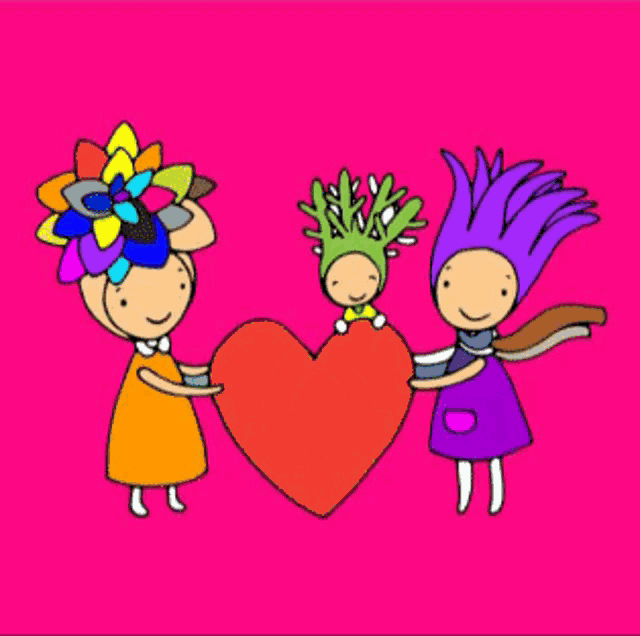 a cartoon drawing of three girls holding a heart with the letter o on it