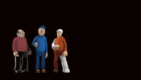 a group of cartoon characters are dancing in a dark room
