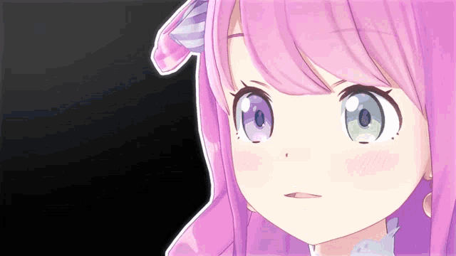a close up of a pink haired anime girl 's face