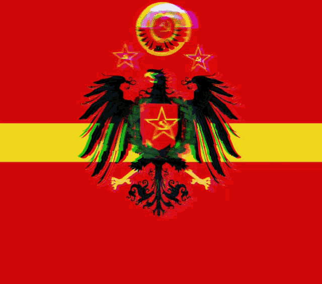 a red and yellow flag with an eagle and a star