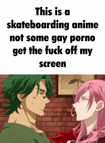 a poster that says this is a skateboarding anime not some gay porno