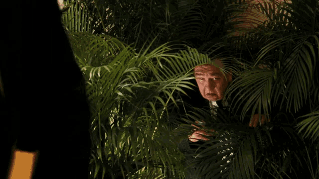 a man in a suit and tie stands behind a palm tree