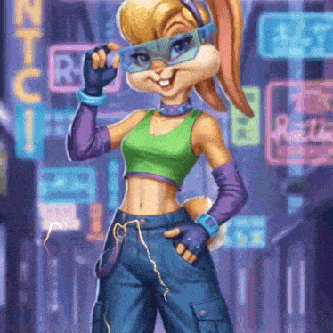 a cartoon of lola bunny wearing glasses and a green tank top