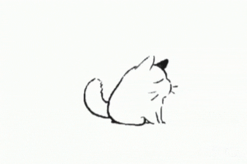 a black and white drawing of a cat with a sad face .