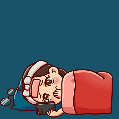 a cartoon of a girl laying in bed looking at a phone