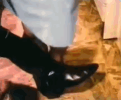 a close up of a person 's foot wearing a pair of black shoes