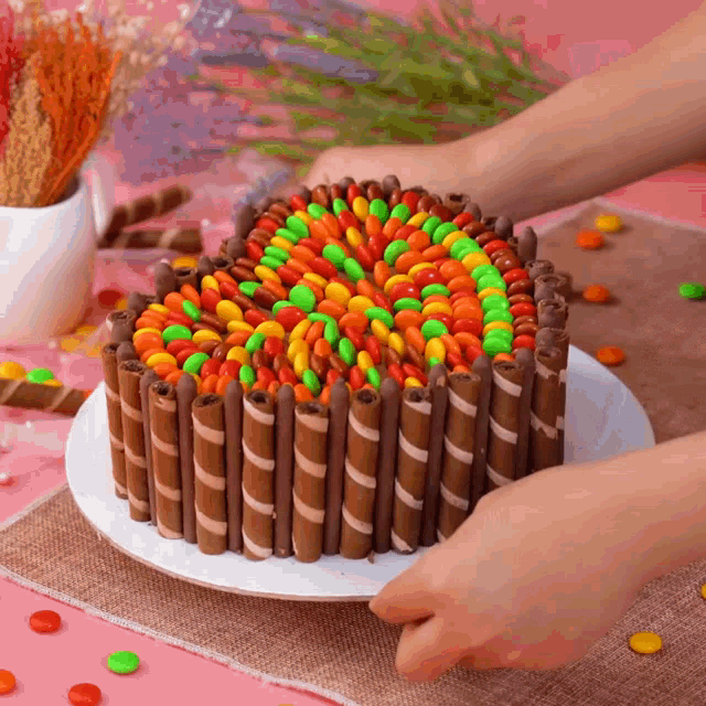a person is decorating a chocolate cake with m & m 's