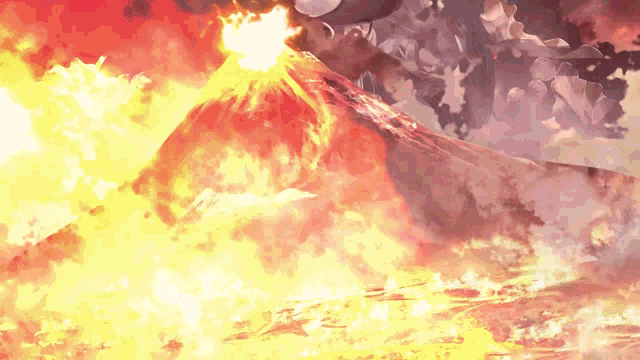 a painting of a volcano erupting with a lot of flames