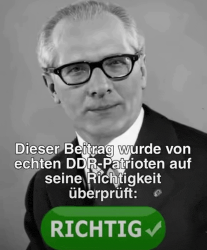 a black and white photo of a man wearing glasses and a green button that says richtig on it