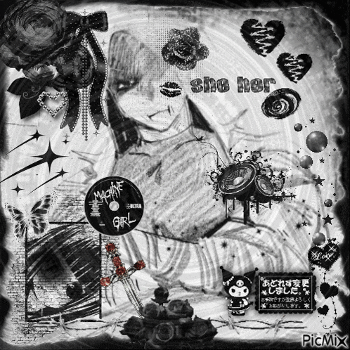 a black and white collage with the words she her on the bottom