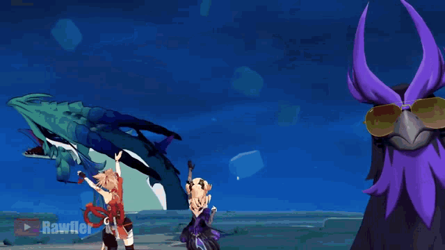 a video game character wearing sunglasses is standing next to a purple bird