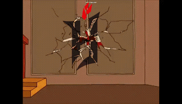 a cartoon character is breaking through a wall with a smiley face on it .