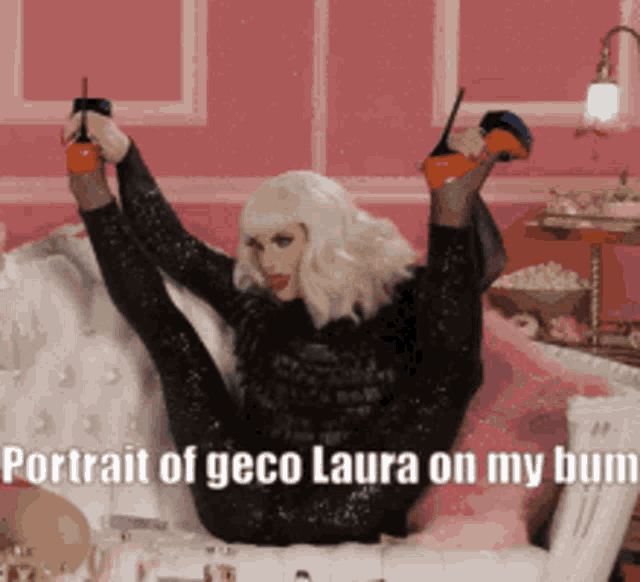 a woman is sitting on a couch with her legs up and a caption that says portrait of geco laura on my butt