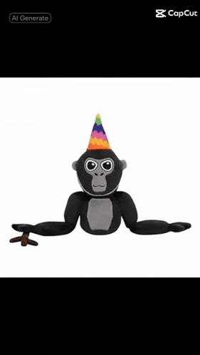 a gorilla wearing a party hat and holding a stick