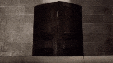 a brick wall with a wooden door in the middle