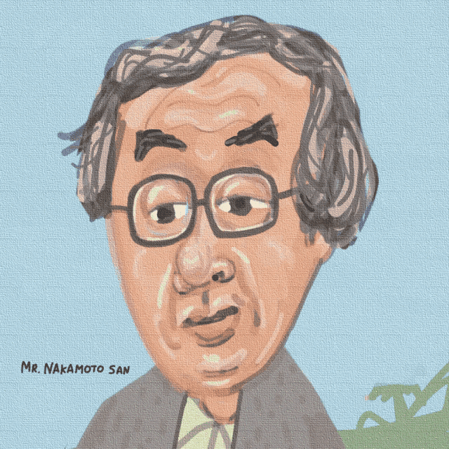 a drawing of a man with glasses and the name mr. nakamoto san