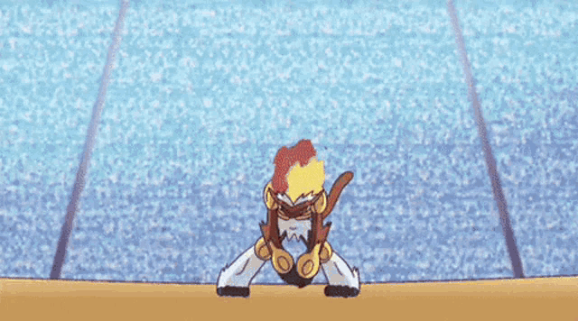 a cartoon character is standing in a stadium with a sword in his hand .