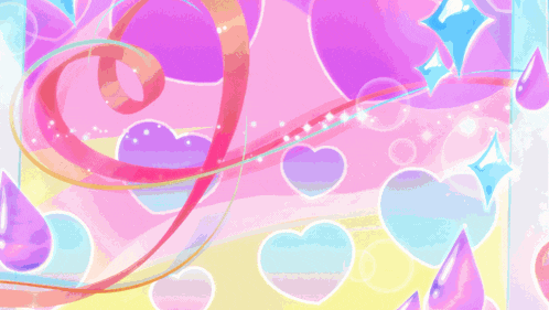 a couple of anime girls dancing with hearts in the background