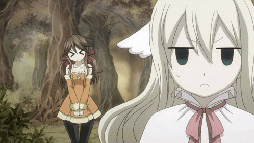 two anime girls are standing next to each other and one of them is making a funny face