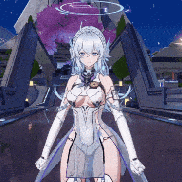 a video game character with white hair and a purple ribbon around her neck