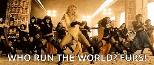 a group of women are dancing in a room with the words `` who run the world ? furs '' above them .