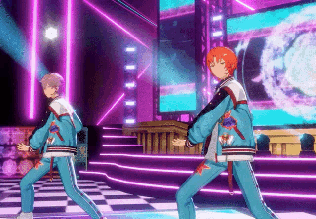 two anime characters are dancing on a stage with purple lights behind them