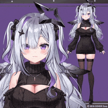 a girl with white hair and purple eyes is wearing a black sweater and black stockings