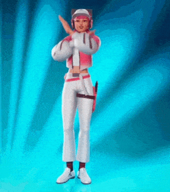 a woman in a pink and white outfit is standing on a blue background with her arms crossed .
