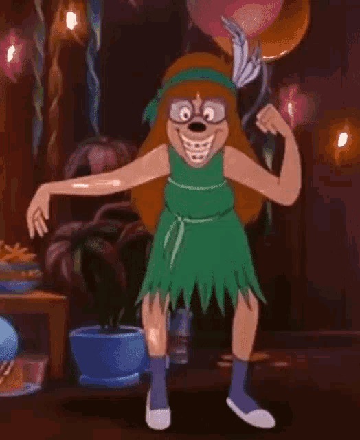 a cartoon character is dancing in a room with balloons