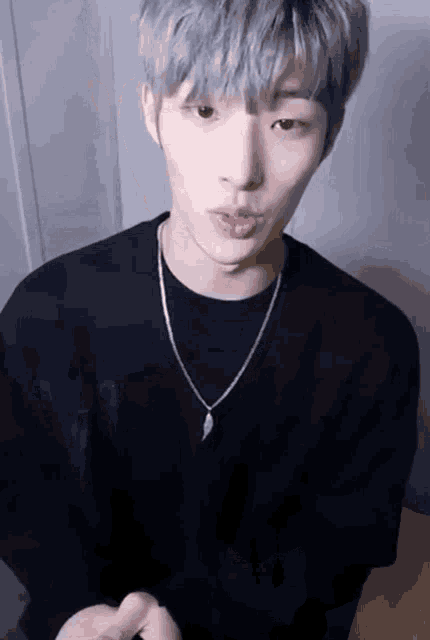 a young man with gray hair is wearing a black shirt and a silver necklace