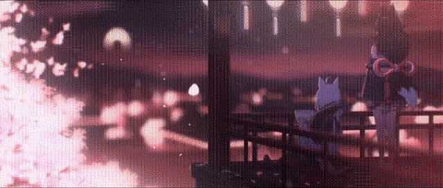 a couple of anime characters standing on a bridge with a cherry blossom tree in the background .