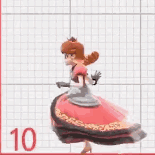 a cartoon character in a red dress is standing on a grid paper .