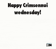 a cartoon character is standing in front of a fire and says happy crimsennui wednesday .