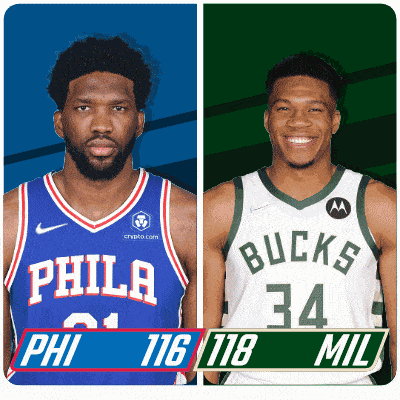 a philadelphia basketball player and a bucks basketball player are next to each other