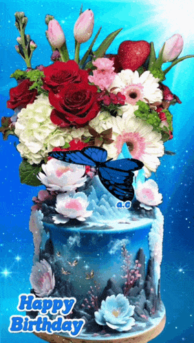 a birthday cake with flowers and a butterfly and the words happy birthday