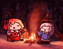 a couple of cartoon characters are sitting around a fire