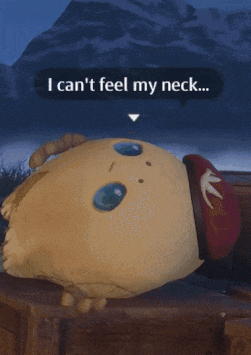 a stuffed animal with the words " i can 't feel my neck " on it