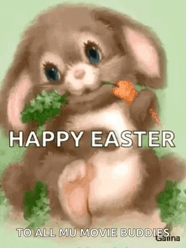 a bunny rabbit is eating a carrot and says happy easter to all my movie buddies