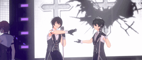 a couple of anime characters on a stage with a cross behind them