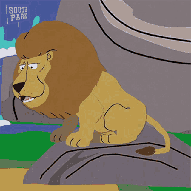 a cartoon of a lion sitting on a rock with south park written on the bottom