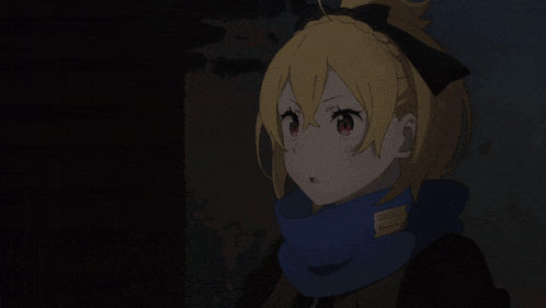 a girl with yellow hair and red eyes is wearing a blue scarf